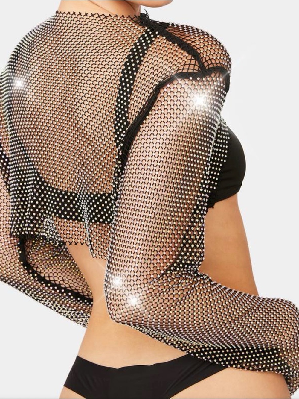 NWOT Black Fishnet Rhinestone Crop Top Asymmetrical Handkerchief Hem Festival